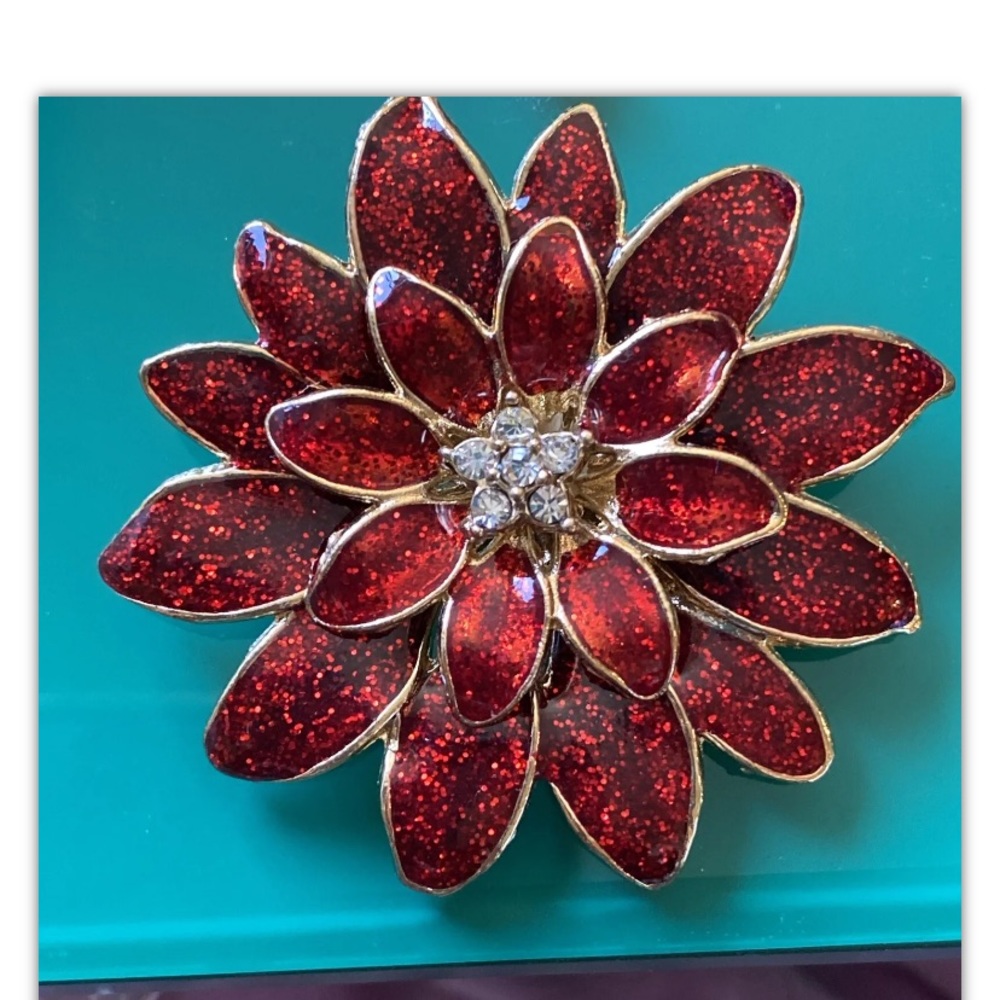 Vintage 3D Red Enamel Flowers with Center Star  rhinestones Brooch